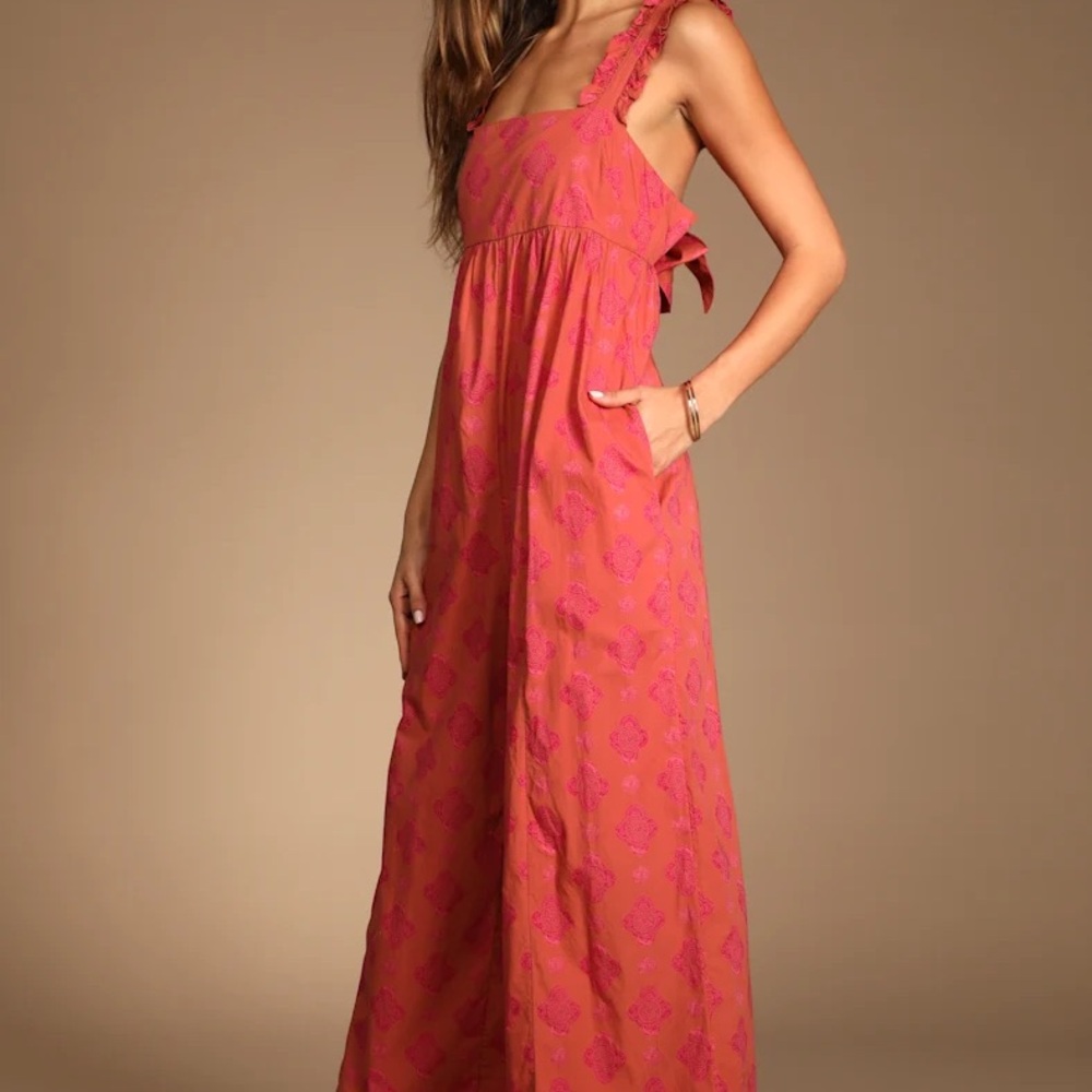 Free People Katya Rusty Rose Print Ruffled Tie Back Jumpsuit Size Small - Picture 3 of 9